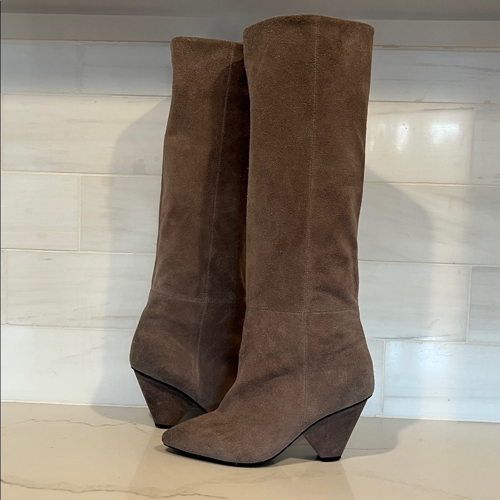 Jeffrey Campbell Senita Tall Suede Taupe Boots Anthropologie 6.5 - Picture 2 of 14